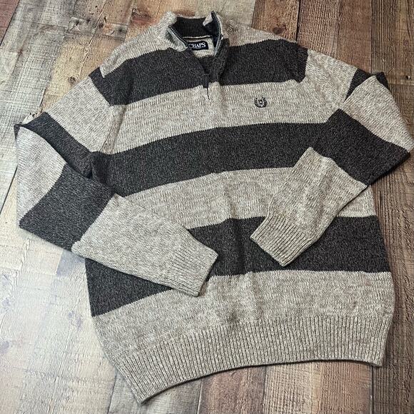 Chaps | Men's Classic Brown Tan Striped 100% Cotton 1/4 Zip Sweater Sz L - Picture 1 of 4